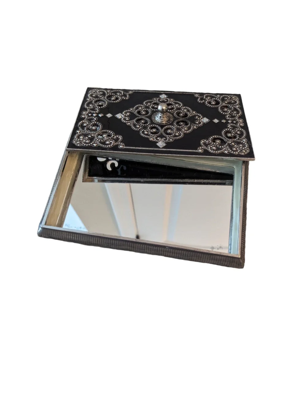 Vintage ornate mirrored jewelry box black & silver